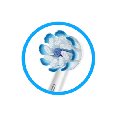 Oral-B opzetborstel, close-up, met blauwe en witte borstelharen en een blauwe ring rond de borstelkop.