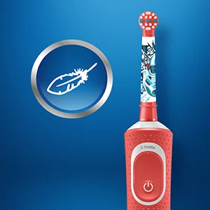 Oral-B Kids elektrische tandenborstel met extra zachte borstelharen, weergegeven met een icoon van een veer voor zachte reiniging.