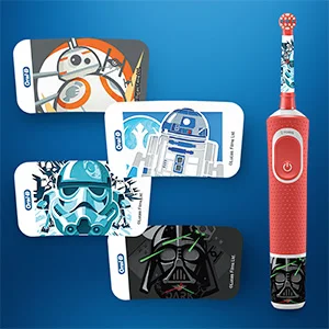 Oral-B Kids elektrische tandenborstel met Star Wars thema en vier stickers om de tandenborstel te personaliseren.