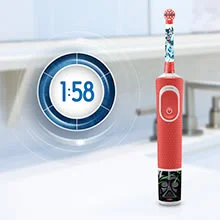 Oral-B Kids elektrische tandenborstel met timer, die de aanbevolen poetstijd van twee minuten aangeeft.