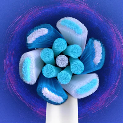 Oral-B opzetborstel met blauwe en witte borstelharen, omgeven door een paarse halo, die de reinigende werking benadrukt.