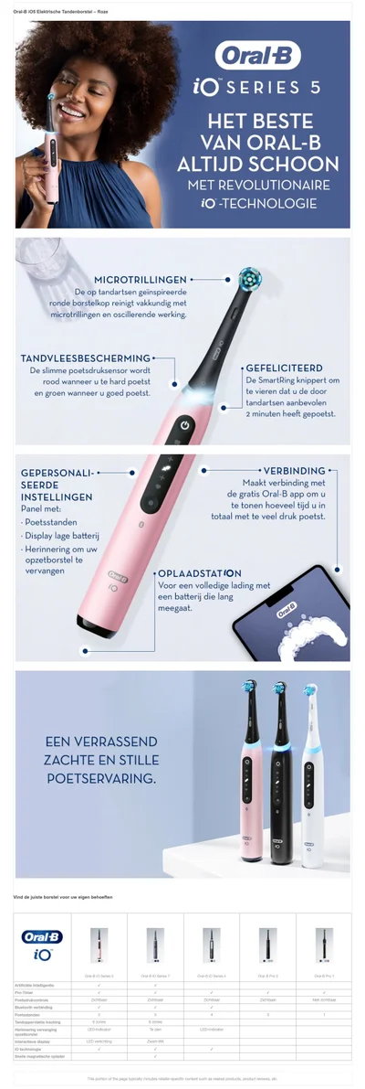 Oral-B 1O5 Elektrische Tandenborstel — Wit Oral B iO SERIES 5 HET BESTE VAN ORAL-B ALTIJD SCHOON MET REVOLUTIONAIRE iO -TECHNOLOGIE MICROTRILLINGEN De op tandartsen geinspireerde ronde borstelkop reinigt vakkundig met microtrillingen en oscillerende werking. TANDVLEESBESCHERMING De slimme poetsdruksensor wordt rood wanneer u te hard poetst en groen wanneer u goed poetst. GEFELICITEERD De SmartRing knippert om te vieren dat u de door tandartsen aanbevolen 2 minuten heeft gepoetst. GEPERSONALI- SEERDE INSTELLINGEN Panel met: Poetsstanden Display lage batterij Herinnering om uw opzetborstel te vervangen VERBINDING Maakt verbinding met de gratis Oral-B app om u te tonen hoeveel tijd u in total met te veel druk poetst. OPLAADSTATION Voor een volledige lading met een batterij die lang meegaat.EEN VERRASSEND ZACHTE EN STILLE POETSERVARING.