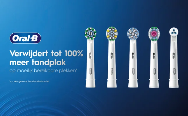 Image shows a group of five Oral-B toothbrush heads arranged horizontally against a blue background, with the text Oral-B Verwijdert tot 100% meer tandplak op moeilijk bereikbare plekken* *vs. een gewone handtandenborstel below them.