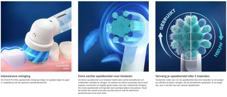 Three images displaying features of the Oral-B Pro Kids toothbrush: the first image shows a toothbrush with blue bristles cleaning teeth and a text description about intense cleaning; the second image highlights a child-friendly brush head with soft bristles and a description emphasizing gentle cleaning; the third image illustrates the differences between a used and new brush head along with a recommendation to replace the brush every three months.