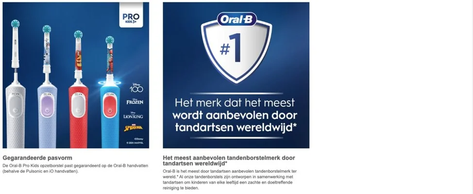 Image shows a lineup of four Oral-B electric toothbrushes designed for kids, featuring various character designs, alongside a badge indicating Oral-B as the number one recommended brand by dentists worldwide, with Dutch text stating that it is the most recommended toothbrush brand by dentists globally.