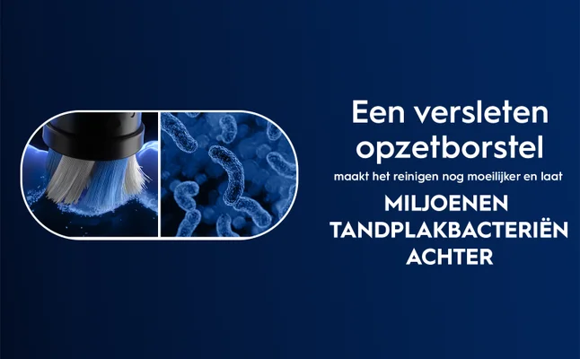 The image shows a close-up of a worn toothbrush head on the left, and microscopic images of bacteria on the right, with the text: Een versleten opzetborstel maakt het reinigen nog moeilijker en laat miljoenen tandplakbacteriën achter.