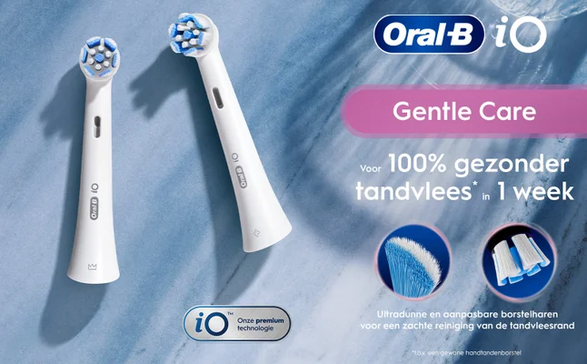 Image shows two Oral-B iO toothbrush heads with a soft blue color scheme in the background, featuring the text Gentle Care and Voor 100% gezonder tandvlees* in 1 week along with additional information below.