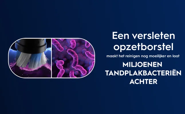 Image shows a split design featuring a close-up of a toothbrush head with blue bristles on the left and a magnified view of bacteria on the right, along with Dutch text stating Een versleten opzetborstel maakt het reinigen nog moeilijker en laat miljoenen tandplakbacteriën achter.