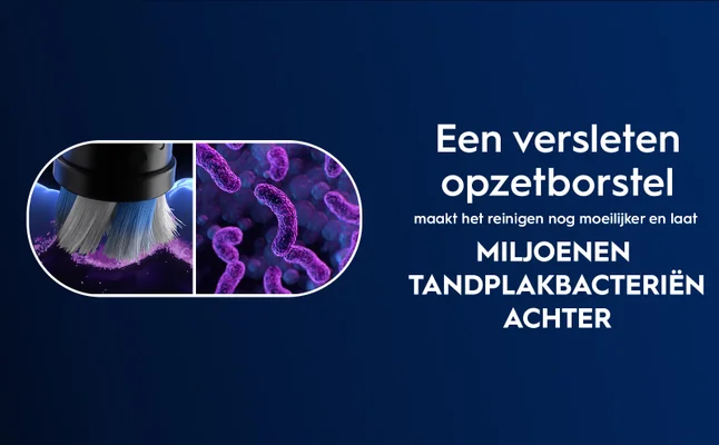 An image featuring a worn toothbrush head on the left and a close-up of bacteria on the right, with text stating Een versleten opzetborstel maakt het reinigen nog moeilijker en laat miljoenen tandplakbacteriën achter.