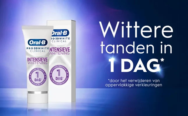 A tube and box of Oral-B Pro 3D White Clinical Intensive Whitening toothpaste is displayed against a gradient purple background, with prominent text that reads Wittere tanden in 1 DAG* and additional text at the bottom that says *door het verwijderen van oppervlakkige verkleuringen.