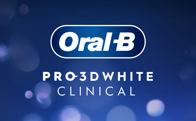 Image shows the Oral-B logo at the top with the text Pro-3D White Clinical below it on a blurred blue background.