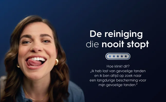 Image 4 - An illustration of a smiling mouth with white teeth, surrounded by bubbles against a blue background, with the text Voor een leven lang sterke tanden.