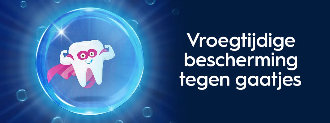 Image 2 - A cartoon tooth character with a smiling face and superhero cape is inside a glowing blue circle surrounded by bubbles, with the text Sterke tanden en een gezonde mond.