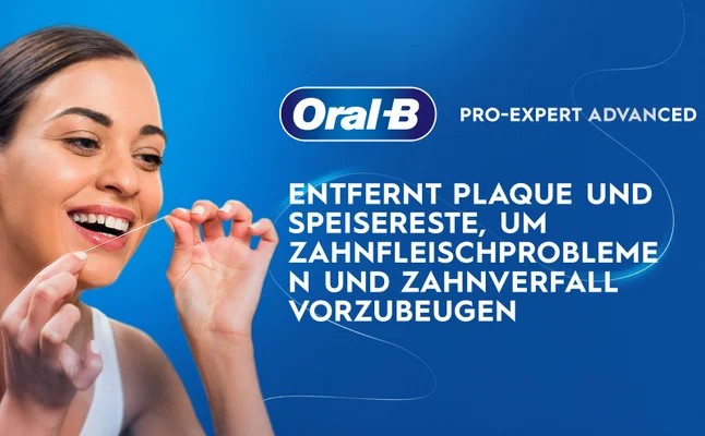 Image 1 - A woman with a bright smile is holding dental floss in front of her mouth against a blue background, with the text Oral-B PRO-EXPERT ADVANCED and the German text entfernt plaque und speisereste, um zahnfleischprobleme und zahnverfall vorzubeugen.
