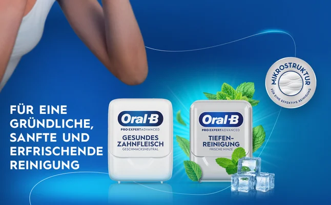 Image 2 - A woman holding a dental product against a blue background with mint leaves and ice cubes, featuring text that reads: FÜR EINE GRÜNDLICHE, SANFTE UND ERFRISCHENDE REINIGUNG, Oral-B PRO-EXPERT ADVANCED GESUNDES ZAHNFLEISCH GESCHMACKSNEUTRAL, Oral-B PRO-EXPERT ADVANCED TIEFEN-REINIGUNG FRISCHE MINZE, and MIKROSTRUKTUR FÜR EINE EFFEKTIVE REINIGUNG.