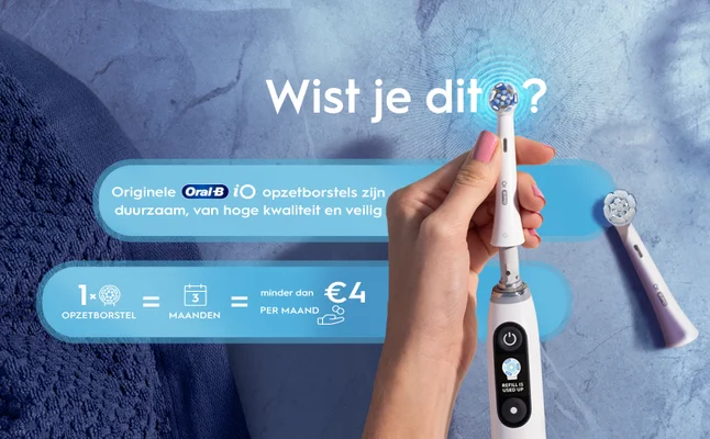 An image shows a person holding an Oral-B iO toothbrush head with a blue background, accompanied by text that reads Wist je dit? Originale Oral-B iO opzetborstels zijn duurzaam, van hoge kwaliteit en veilig, along with a visual equation stating 1 opzetborstel = 3 maanden = minder dan €4 PER MAAND.