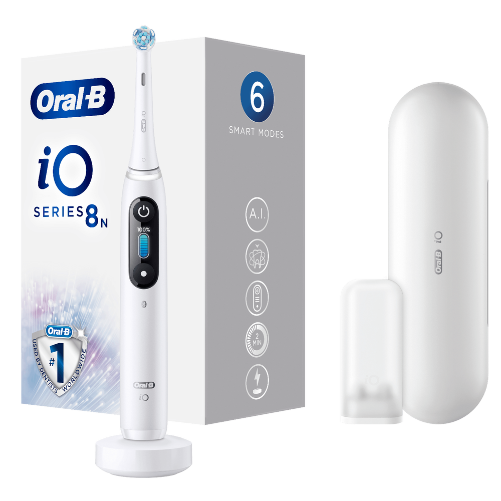 Oral-B iO Series 8N elektrische tandenborstel met 6 slimme poetsstanden.