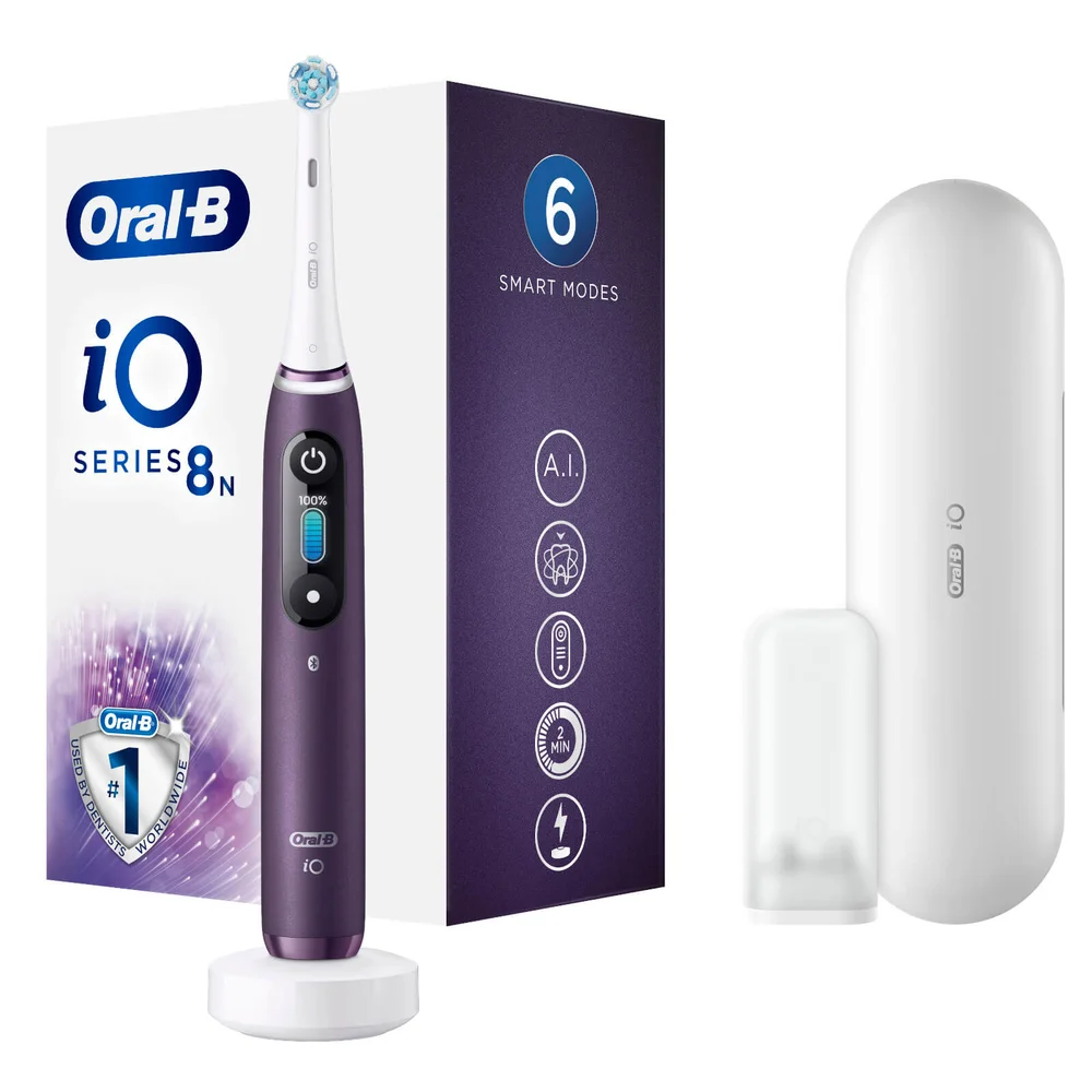 Oral-B iO Series 8N elektrische tandenborstel met 6 slimme poetsstanden en accessoires.