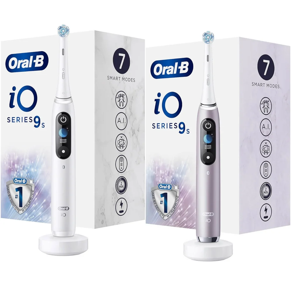 Oral-B iO Series 9s tandenborstels in wit en lila, met 7 slimme poetsstanden.