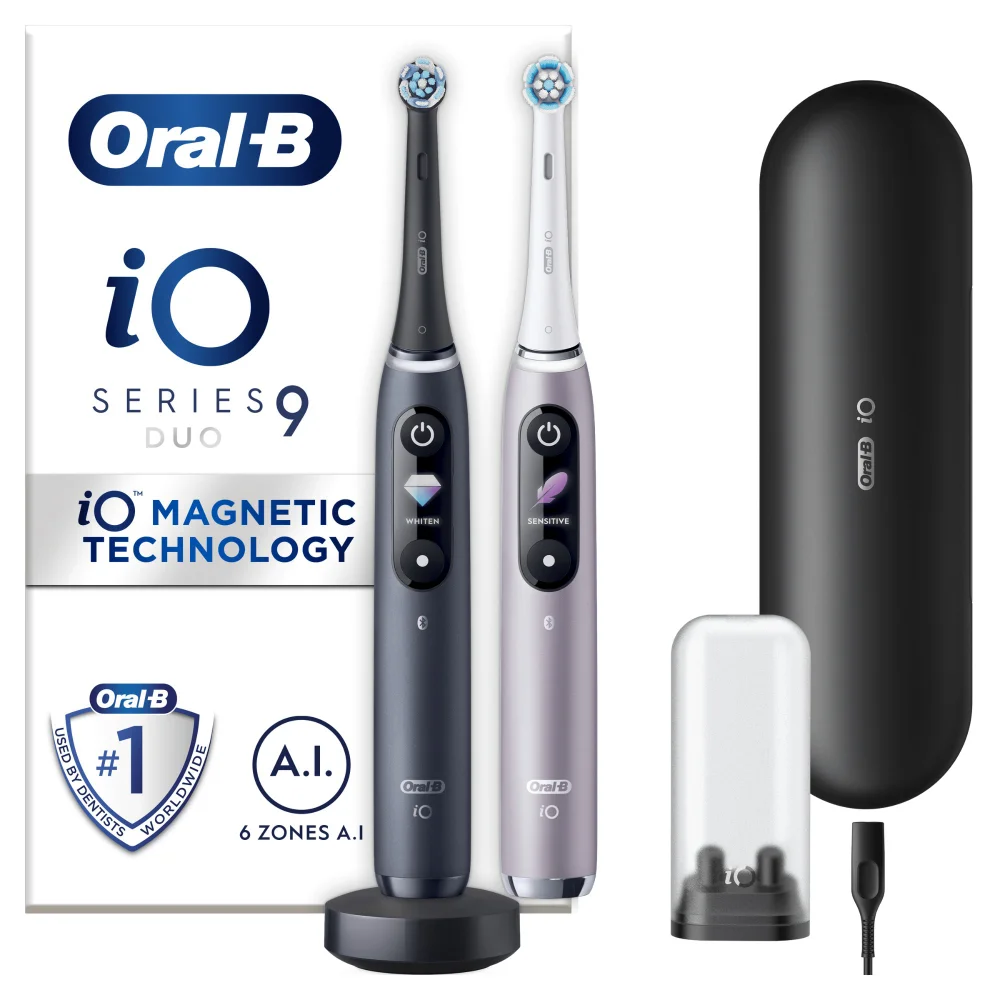 Oral-B iO9 Duo Pack of Two Electric Toothbrushes, Black Lava and Rose Quartz +4 Refills Afbeelding 1