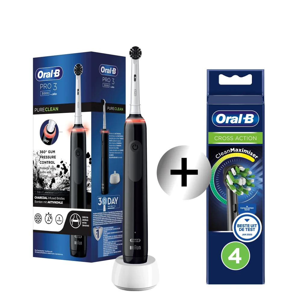 Oral-B Pro 3000 Pure Clean Elektrische Tandenborstel Zwart + 4 Opzetborstels Afbeelding 1
