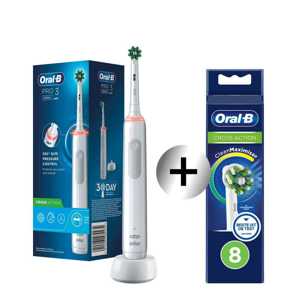 Oral-B Pro 3000 Cross Action Elektrische Tandenborstel Wit + 8 Opzetborstels Afbeelding 1