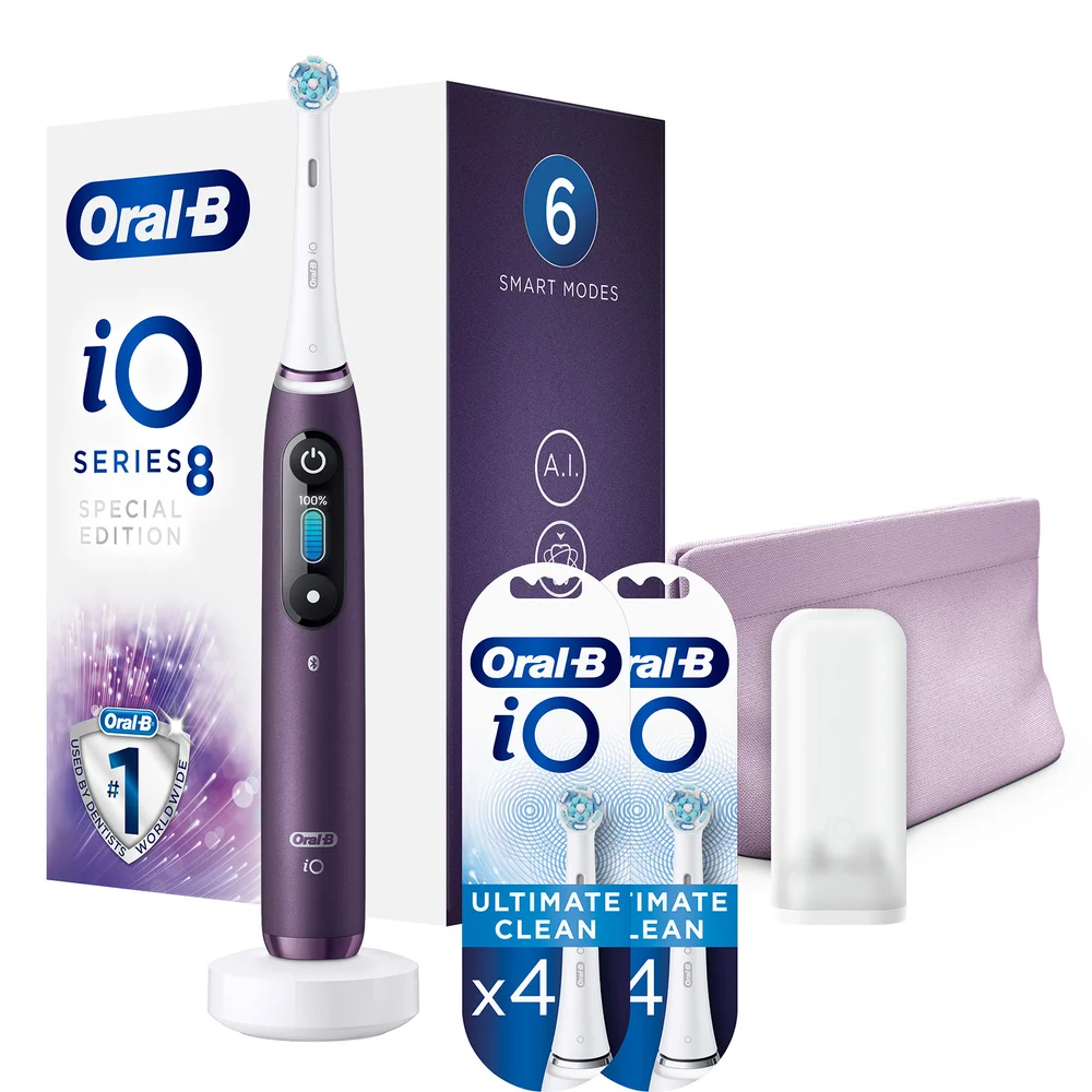 Oral-B iO Series 8 paarse elektrische tandenborstel met 6 slimme standen en opzetborstels.