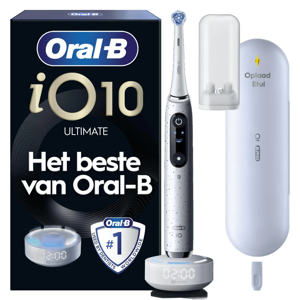 Oral-B iO 10 Ultimate elektrische tandenborstel met iO Sense oplader die real-time feedback geeft over dekking, tijd en druk.