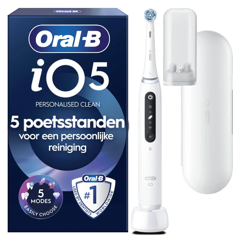 Oral-B iO5N elektrische tandenborstel, verpakking met de aanduiding 5 Modes en voordelen zoals diepe reiniging en bescherming van het tandvlees.