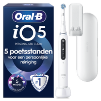 Oral-B iO5 tandenborstel met verpakking en 5 poetsstanden voor persoonlijke reiniging.