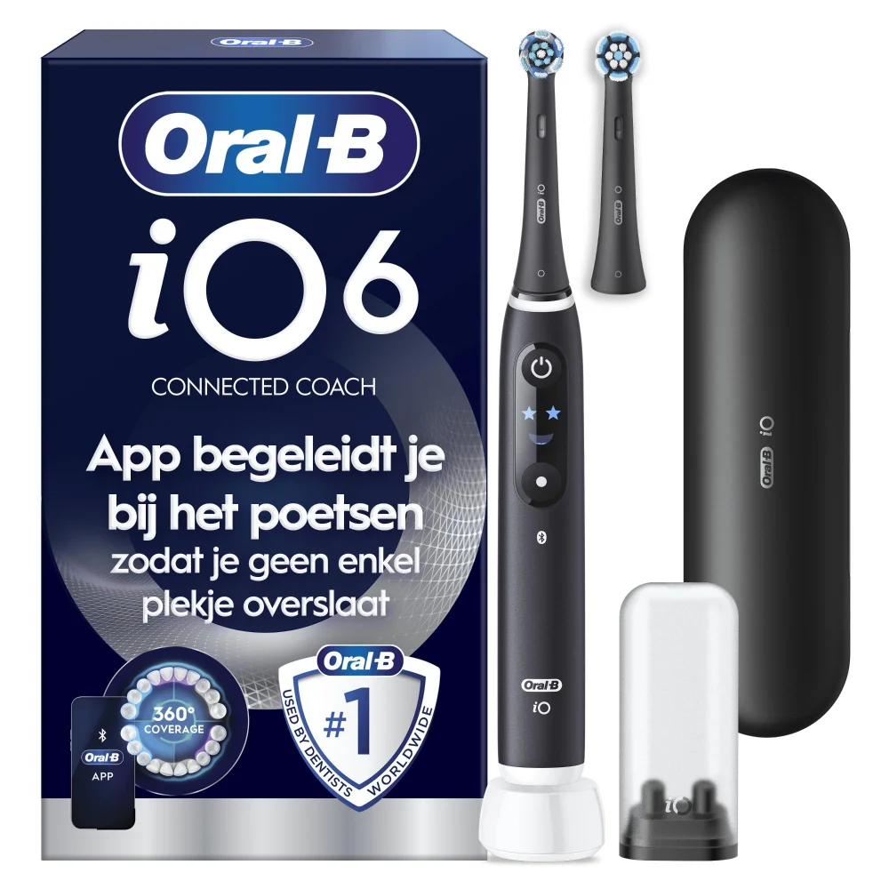 Oral-B iO6N Connected Coach elektrische tandenborstel, met verpakking en benadrukt de claim van klinisch bewezen preventie van problemen voordat ze beginnen.