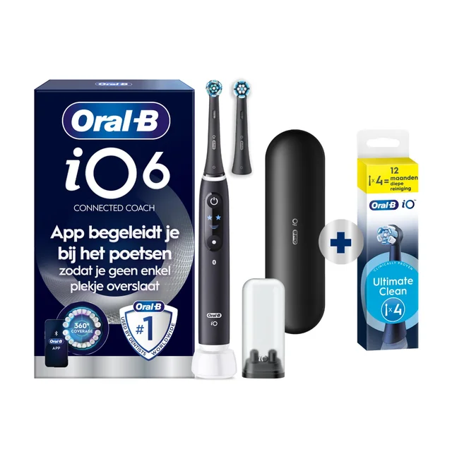 Oral-B iO6N Connected Coach elektrische tandenborstel, met verpakking en benadrukt de claim van klinisch bewezen preventie van problemen voordat ze beginnen.