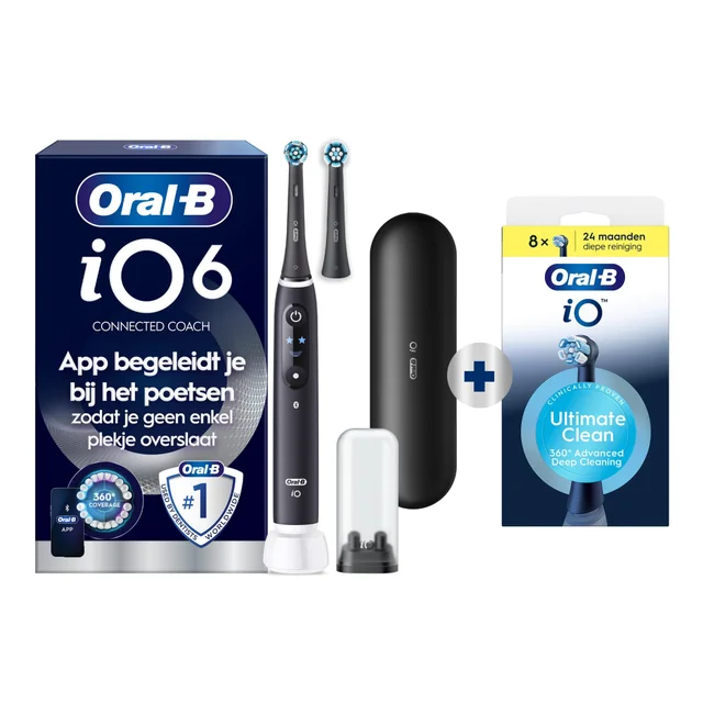 Oral-B iO6N Connected Coach elektrische tandenborstel, met verpakking en benadrukt de claim van klinisch bewezen preventie van problemen voordat ze beginnen.