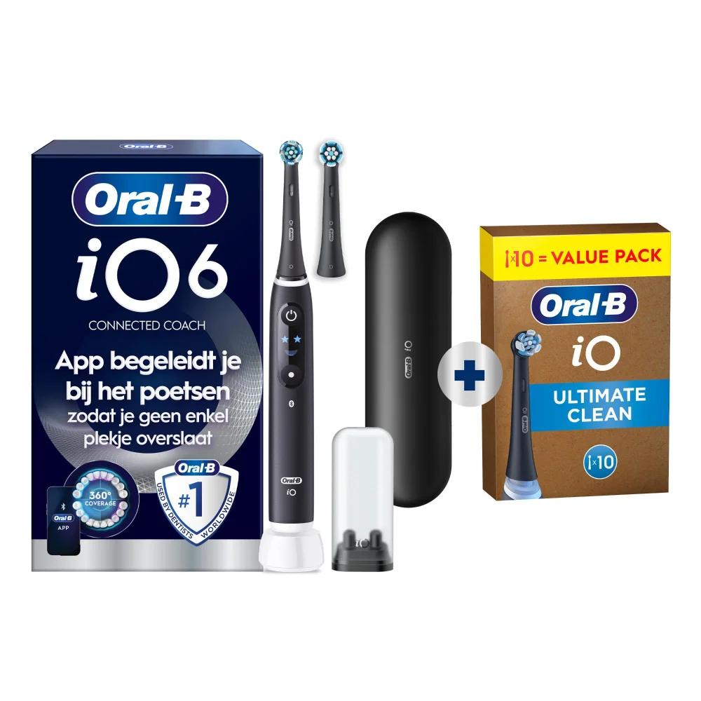 Oral-B iO6N Connected Coach elektrische tandenborstel, met verpakking en benadrukt de claim van klinisch bewezen preventie van problemen voordat ze beginnen.