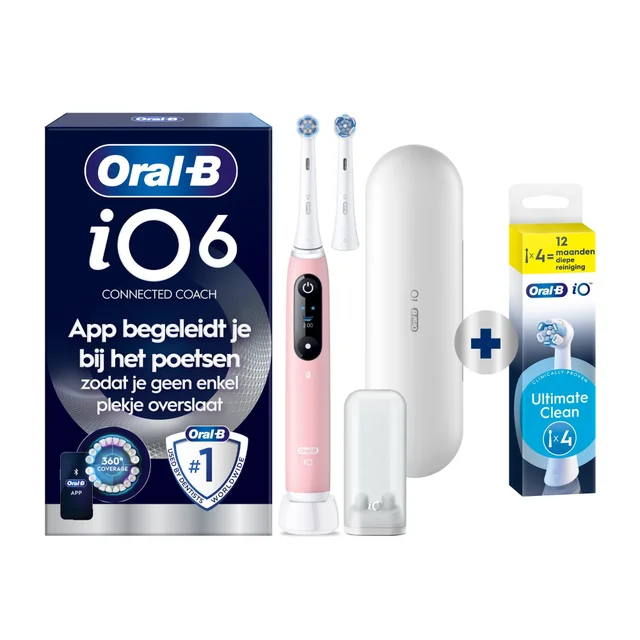 Oral-B iO6 elektrische tandenborstel, met verpakking die de app-begeleiding voor grondig poetsen benadrukt.