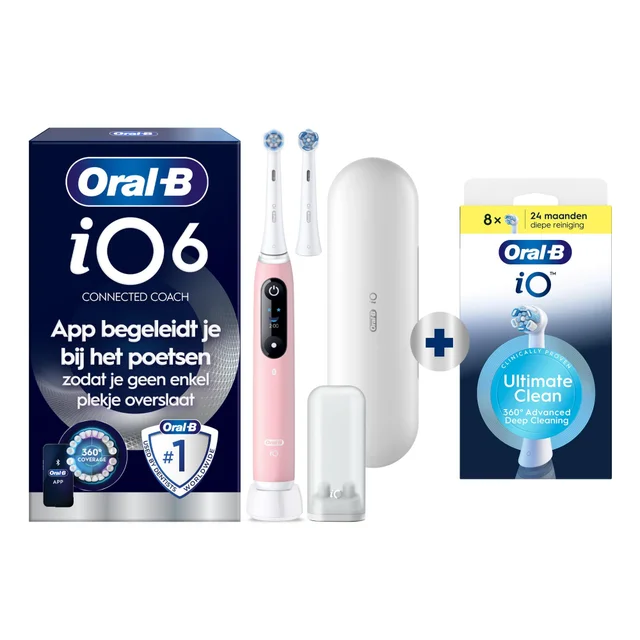 Oral-B iO6 elektrische tandenborstel, met verpakking die de app-begeleiding voor grondig poetsen benadrukt.