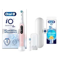 Oral-B iO6 elektrische tandenborstel, met verpakking die de app-begeleiding voor grondig poetsen benadrukt.