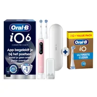 Oral-B iO6 elektrische tandenborstel, met verpakking die de app-begeleiding voor grondig poetsen benadrukt.