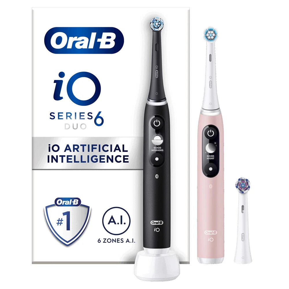 Oral-B iO 6 Elektrische Tandenborstel | Dubbelpak | Zwart en Roze | 3 Opzetborstels|Premium Reisetui Afbeelding 1
