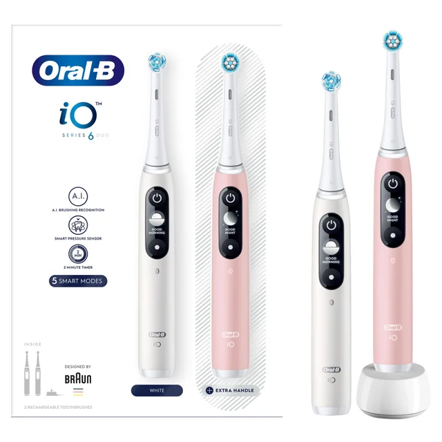 Oral-B iO 6 Elektrische Tandenborstel | Dubbelpak | Wit en Roze | 3 Opzetborstels | Premium Reisetui