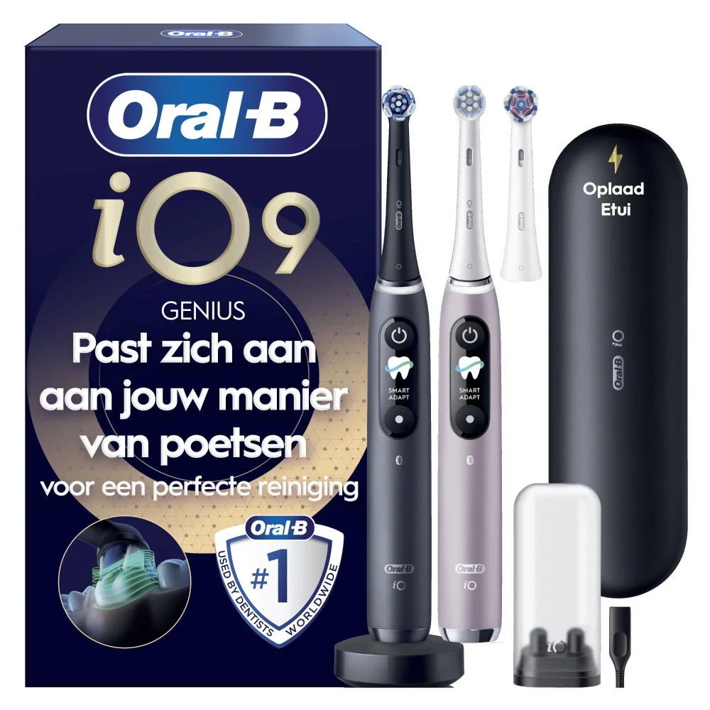 Oral-B iO 9 Elektrische Tandenborstel | Dubbelpak | Zwart en Roos | 3 Opzetborstels | Oplaadreisetui Afbeelding 1