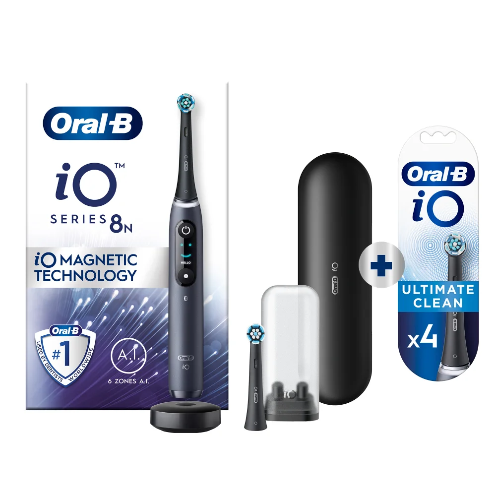 Oral-B iO Series 8N tandenborstel, magnetische technologie en 4 Ultimate Clean opzetborstels.