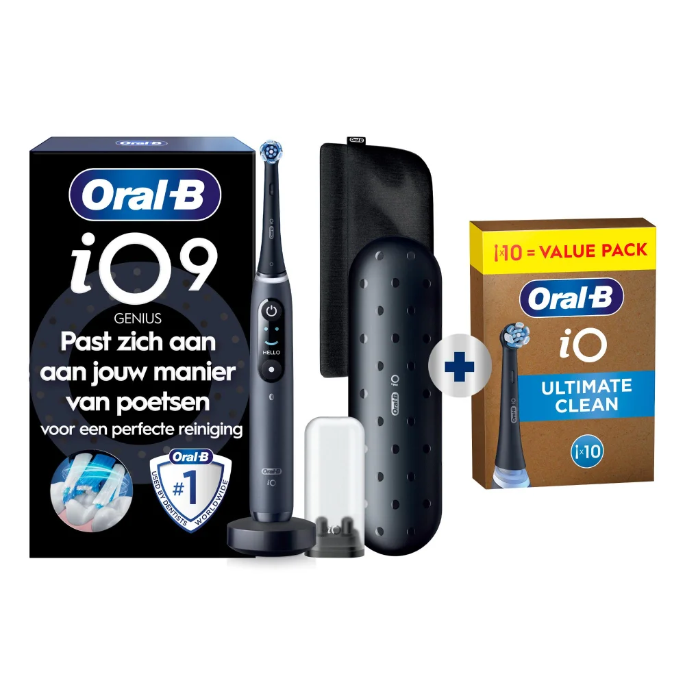 Elektrische tandenborstel met gloeiende effecten. Tekst: Past zich direct aan jouw poetsstijl aan