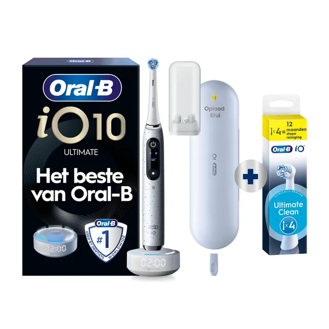 Oral-B iO 10 Ultimate elektrische tandenborstel met iO Sense oplader die real-time feedback geeft over dekking, tijd en druk.