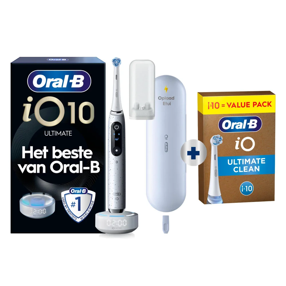 Oral-B iO 10 Ultimate elektrische tandenborstel met iO Sense oplader die real-time feedback geeft over dekking, tijd en druk.