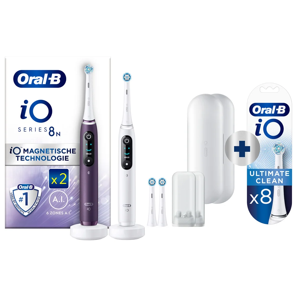 Oral B iO Series 8N White & Violet Electric Toothbrushes Virtual Duo + 8 Refills Afbeelding 1
