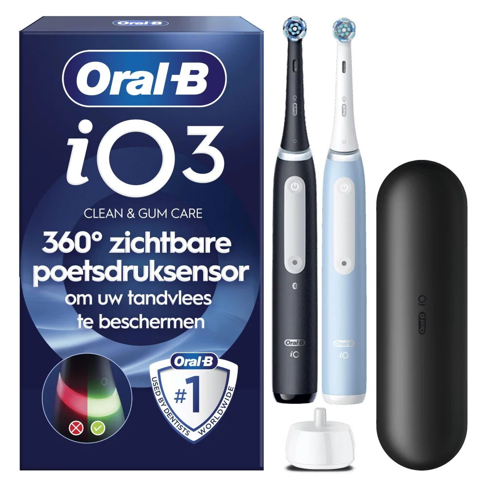 Oral-B iO3 duo-verpakking met 360° poetsdruksensor en accessoires.