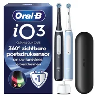 Oral-B iO3 duo-verpakking met 360° poetsdruksensor en accessoires.