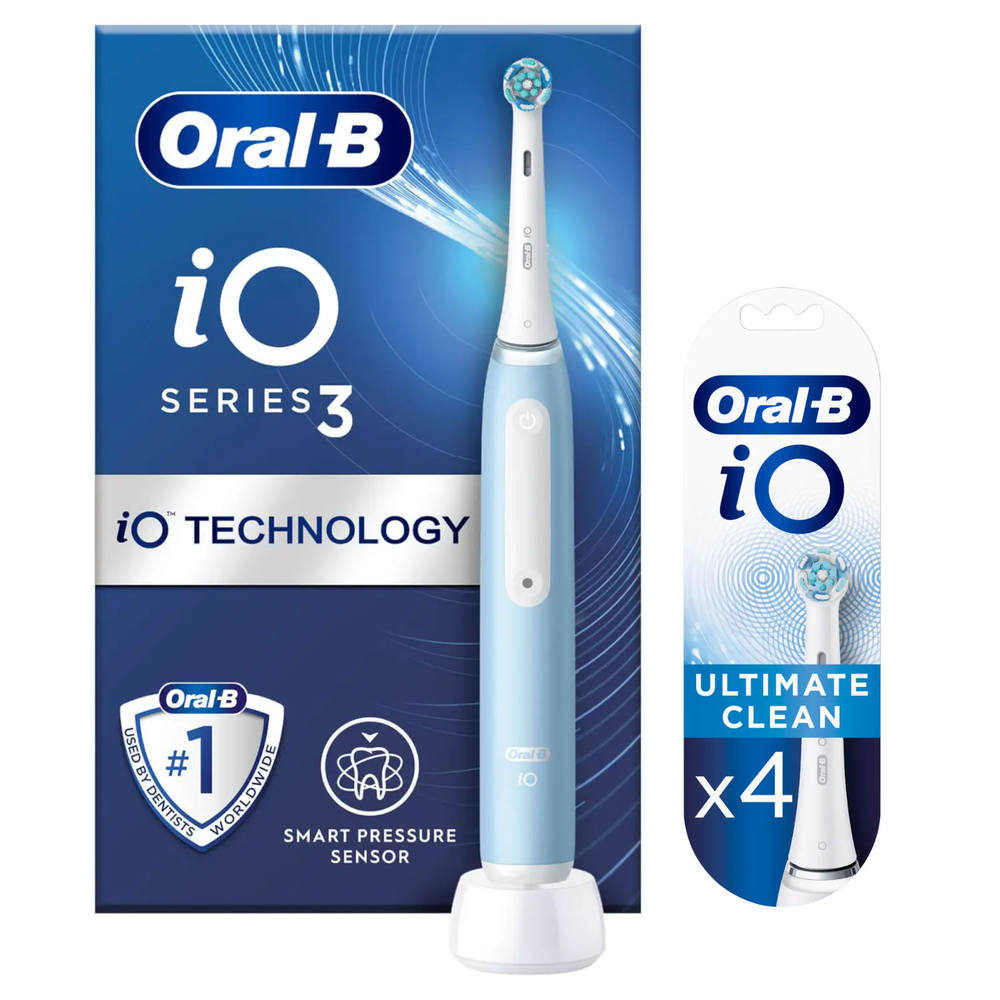 Oral B iO3 Ice Blue Electric Toothbrush + 4 Refills Afbeelding 1