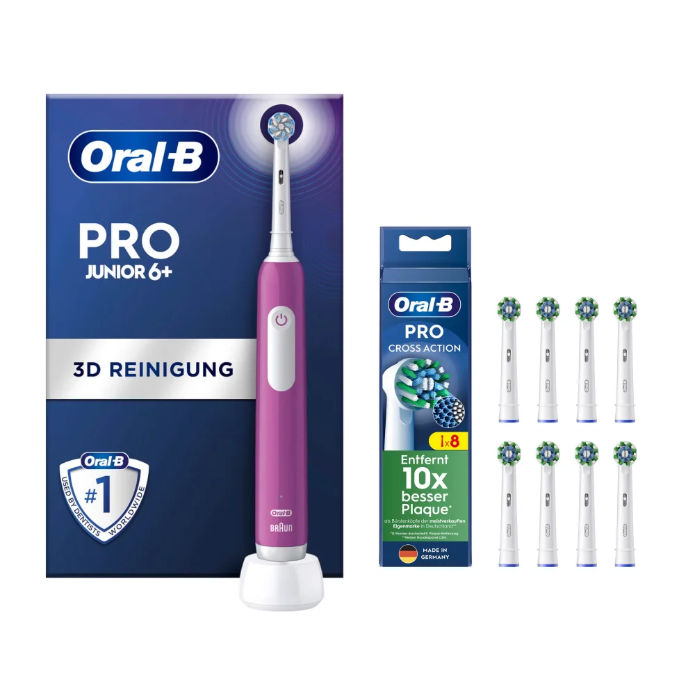 Oral-B PRO JUNIOR 6+ tandenborstel, 3D reiniging, met 8 Cross Action opzetborstels.